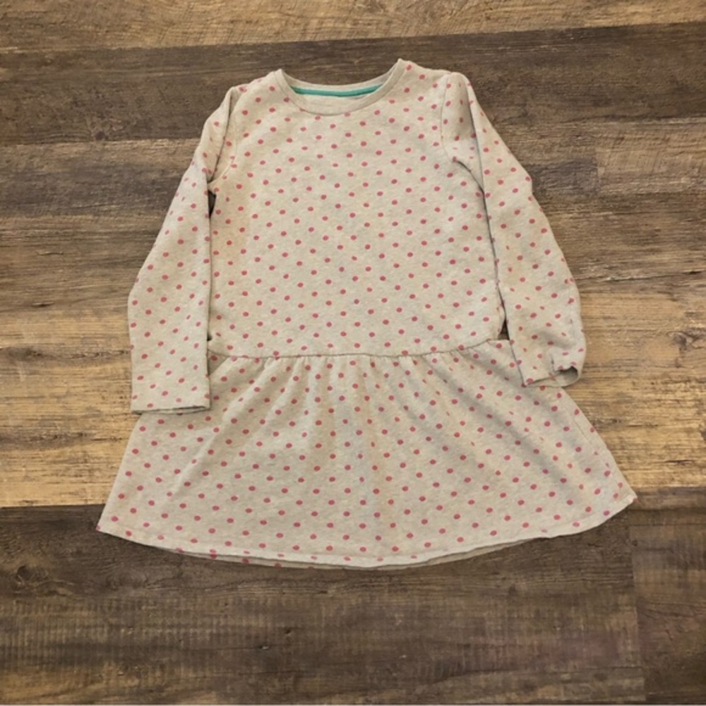 Mini Boden Gray with pink Poka dots Print Long Sleeve Dress GUC size 9-10 years